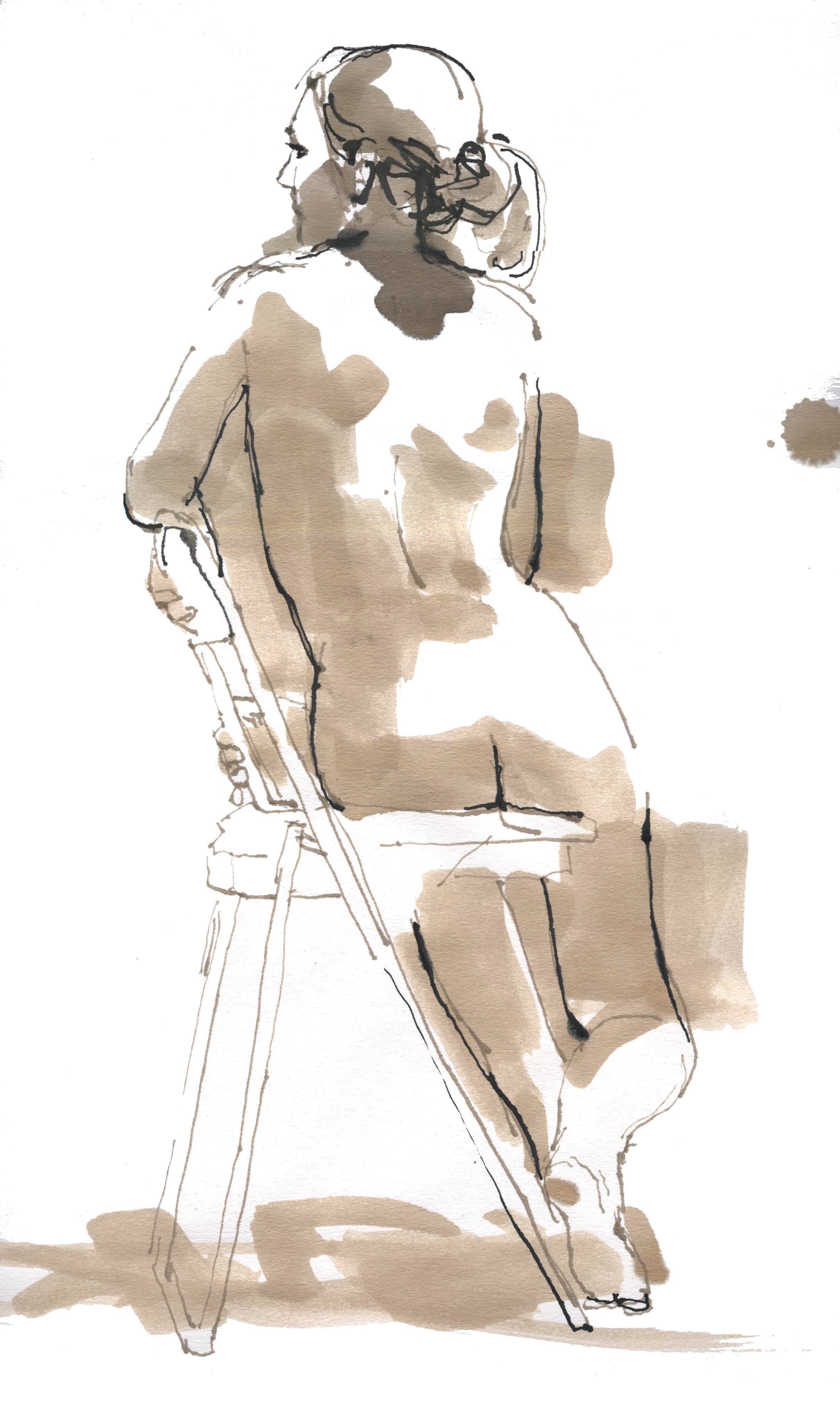 Seated figure ink wash drawing - Harold Henriksen.