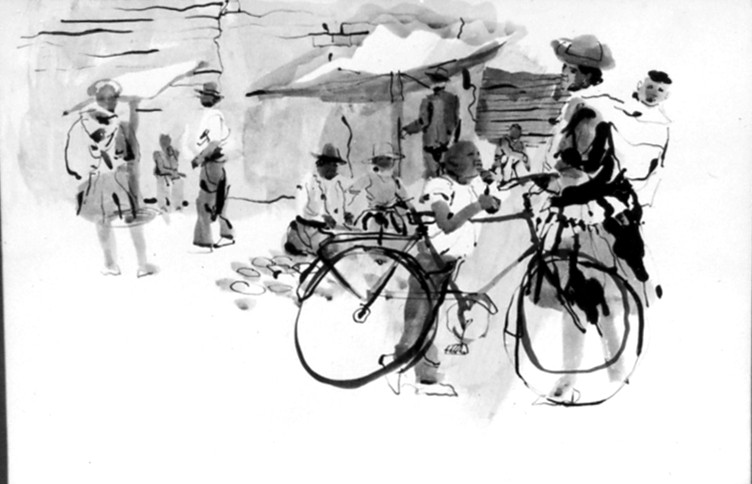 Bolivian boy on bike ink wash pen drawing by Harold Henriksen.